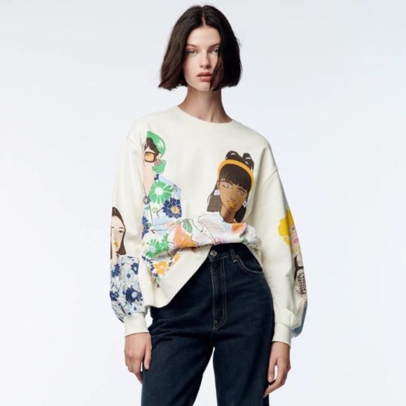 ZARA Blogger Fave Ecru Multi Girls Print Sweatshirt $59.90 EUC S Rare HTF - Picture 16 of 16